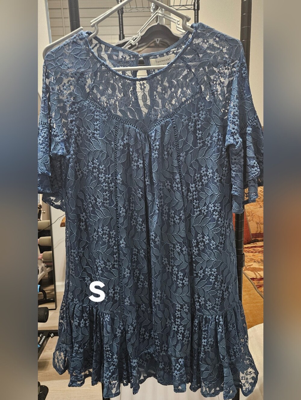 Francesca's Blue Floral Lace Peasant Top Or dress